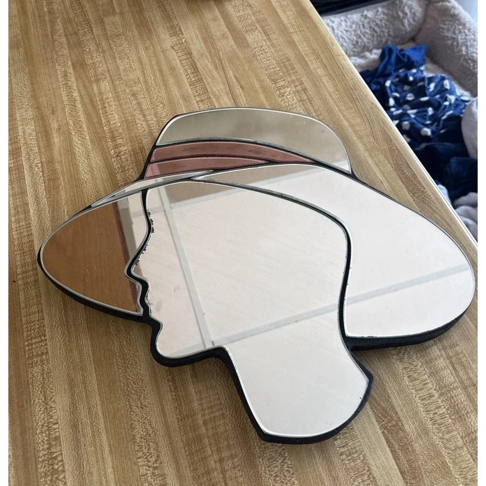 Vtg Figural Wall Cut Glass Mirror Art Deco Retro Woman Profile w/ Hat